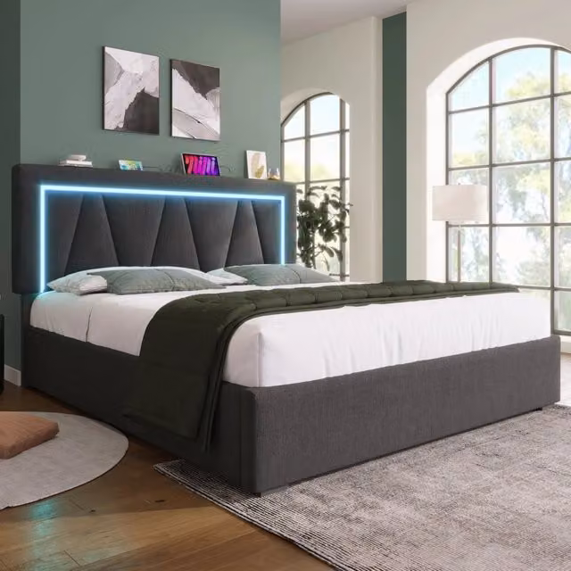 Letto matrimoniale 160x200 con LED, USB Type-C, testiera regolabile e materasso incluso