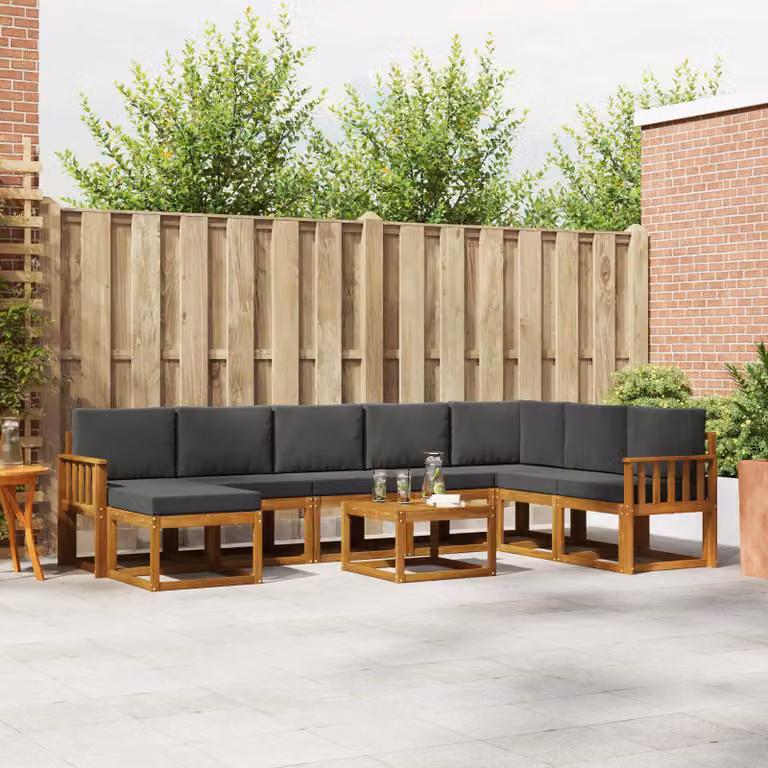 Set di divani da esterno vidaXL a forma di U in legno di acacia con cuscini, 9 pezzi, Marrone e Antracite