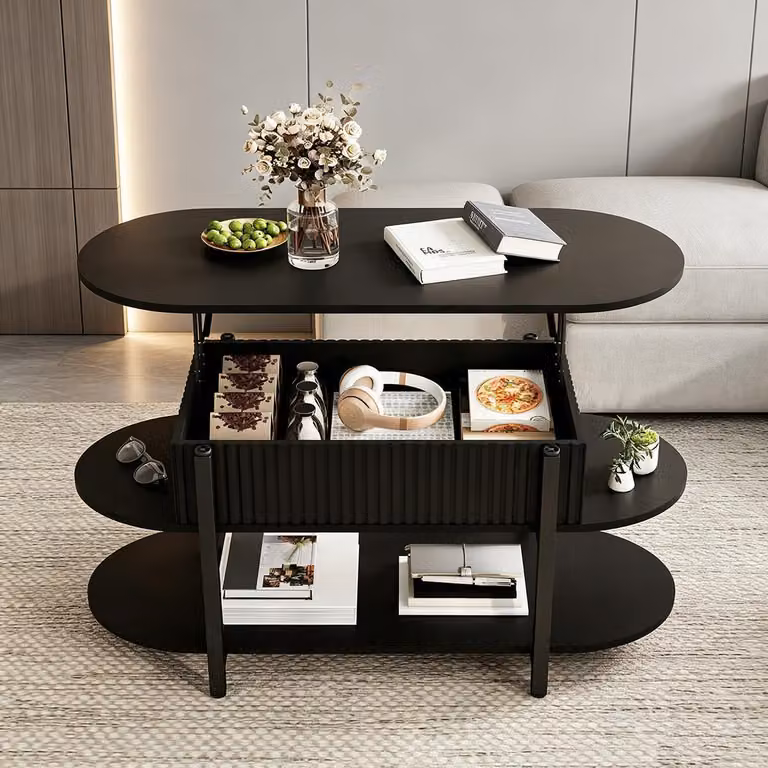INONEFT Tavolino da caffè rialzabile con spazio contenitivo nascosto, tavolino laterale, tavolino da divano regolabile in altezza, colore nero