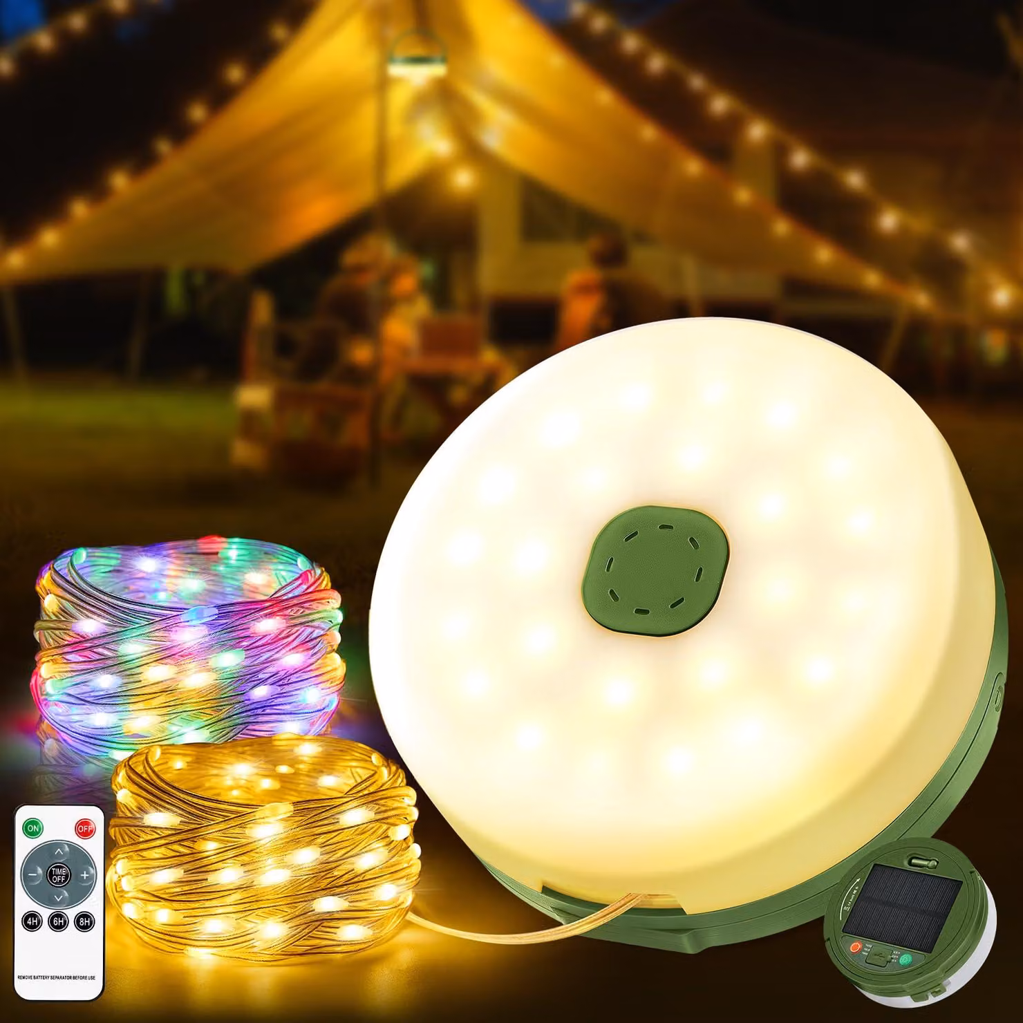 Catena luminosa da campeggio, 10 metri, con alimentazione solare e USB, LED, 13 modalità, RGB, impermeabile