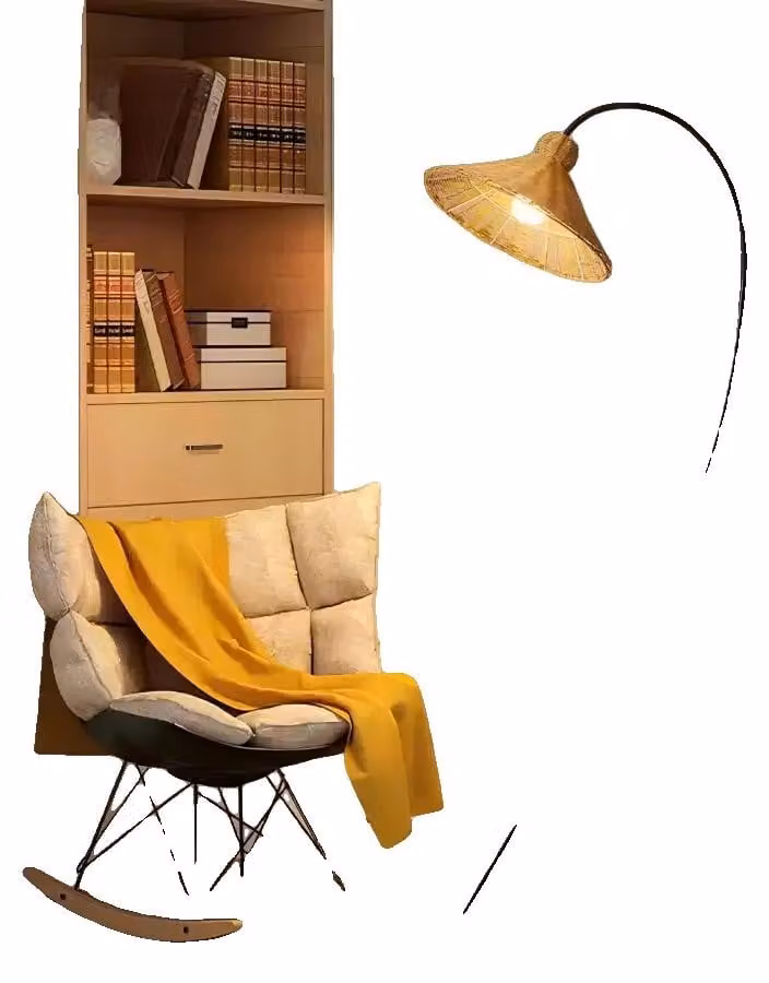 Lampada da terra, struttura in metallo curvato, paralume in rattan intrecciato a mano, compatibile con lampadine E27, dimmerabile, luce calda e accogliente