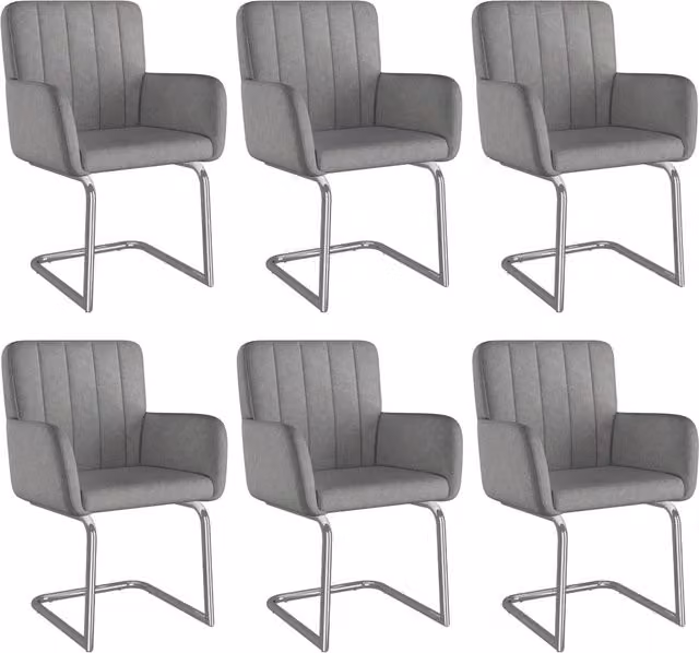 Set da 6 Sedie da Pranzo con Schienale a Strisce Verticali, Rivestimento in Pelle Sintetica Grigia, Gambe Metalliche a Zig-Zag