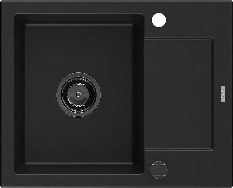 Mexen Enzo lavello in granito a 1 vasca con sgocciolatoio 576 x 465 mm, nero, sifone nero - 6506571005-77-B
