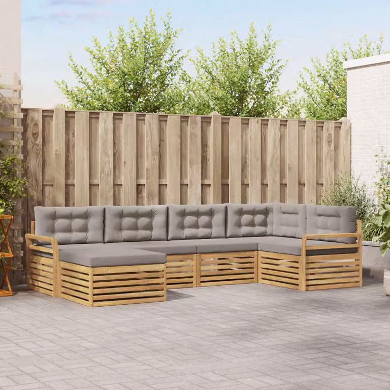 Set di divani da esterno vidaXL a forma di L composto da 6 pezzi in legno di acacia con cuscini bianchi e grigi