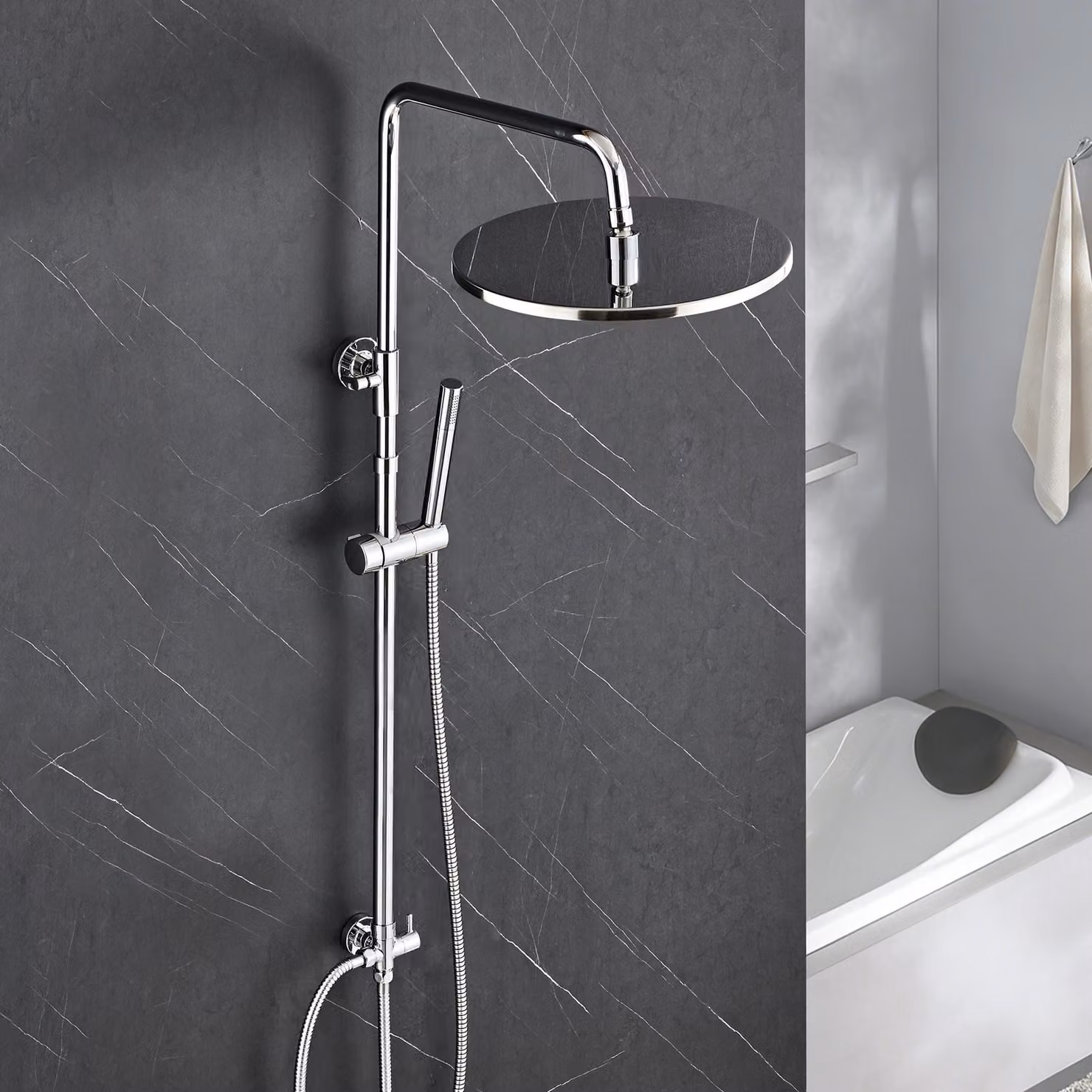 Sistema doccia JOHO in acciaio inossidabile senza rubinetteria, set doccia a pioggia cromato a risparmio idrico, asta doccia regolabile in altezza da 74 a 114 cm, soffione da 25 cm