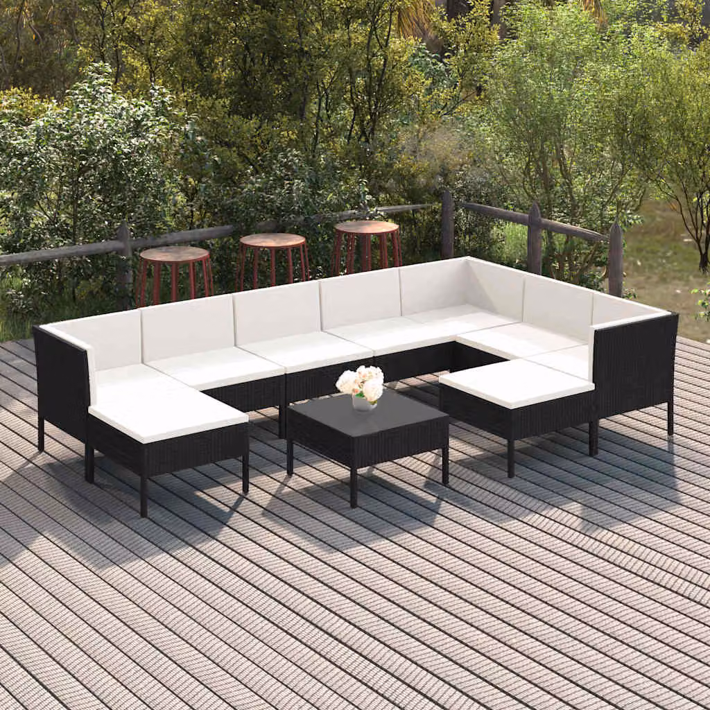 Set di divani da giardino vidaXL in rattan nero con cuscini e tavolino da esterno, design moderno a forma di U con struttura in acciaio verniciato a polvere