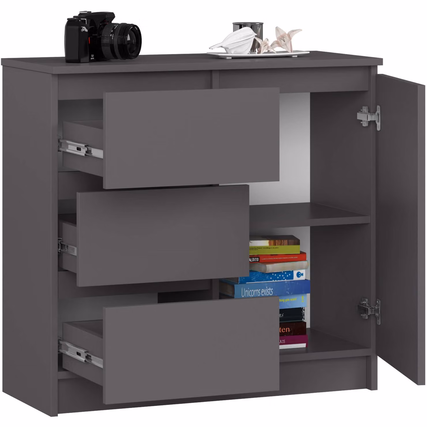 Comò da 80 cm con 3 cassetti e 1 anta, credenza, mobile da 77 cm di altezza