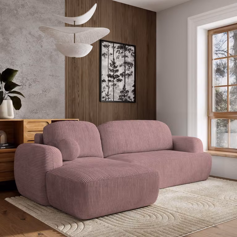 Divano angolare Masseno MODENZA P L-S con funzione letto a L, divano con box letto, divano da soggiorno, divano, divano letto, set divano - viola, POSO 130