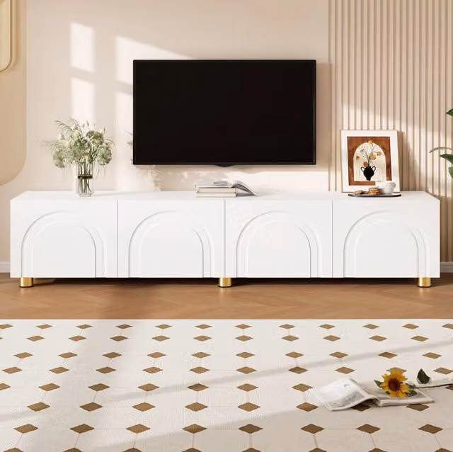 Mobile TV ULEVR 180x35x40 cm con 4 ante a rilievo ad arco e piedi in metallo, bianco