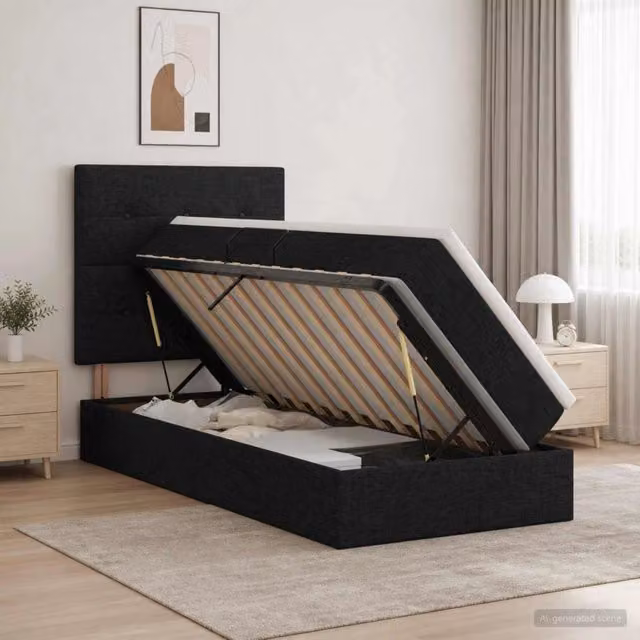 Letto con contenitore vidaXL in tessuto nero con illuminazione LED e porta USB, L/P/H: 200 x 90 x 128 cm