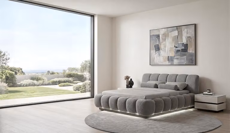 Set per camera da letto: letto, comodini, design moderno, grigio, elegante, lussuoso, imbottito