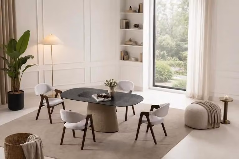 Tavolo da pranzo ovale dal design moderno, con finitura effetto pietra