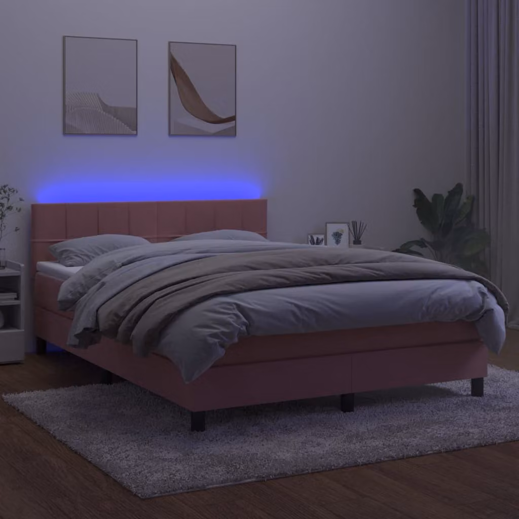 The Living Store Letto a molle con materasso e LED Rosa 140x200 cm Velluto