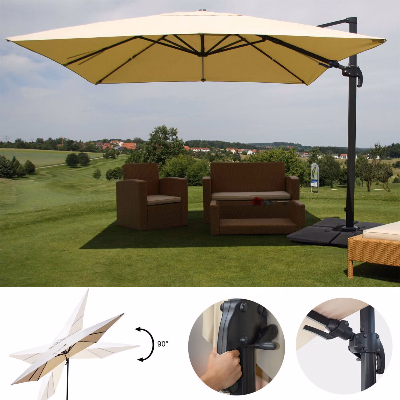 Ombrellone semaforo gastronomico HWC-A96, 3x4m (Ø5m) orientabile, poliestere/alluminio 26kg ~ panna con supporto, girevole