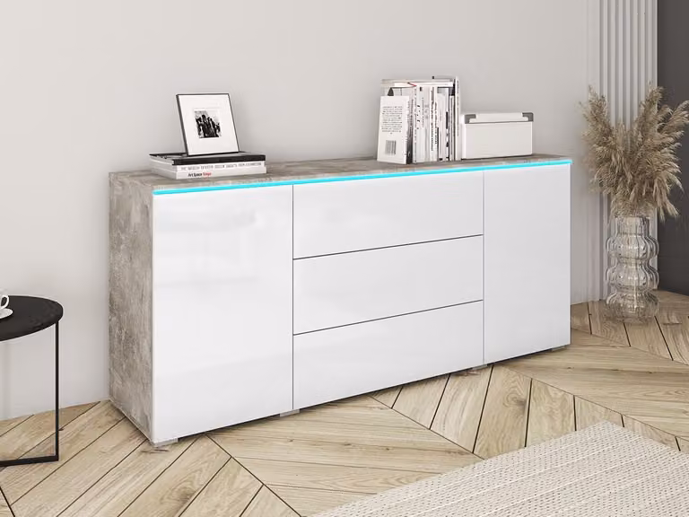 Cassettiera combinata con illuminazione a LED bianca AKASURI - cemento / bianco lucido