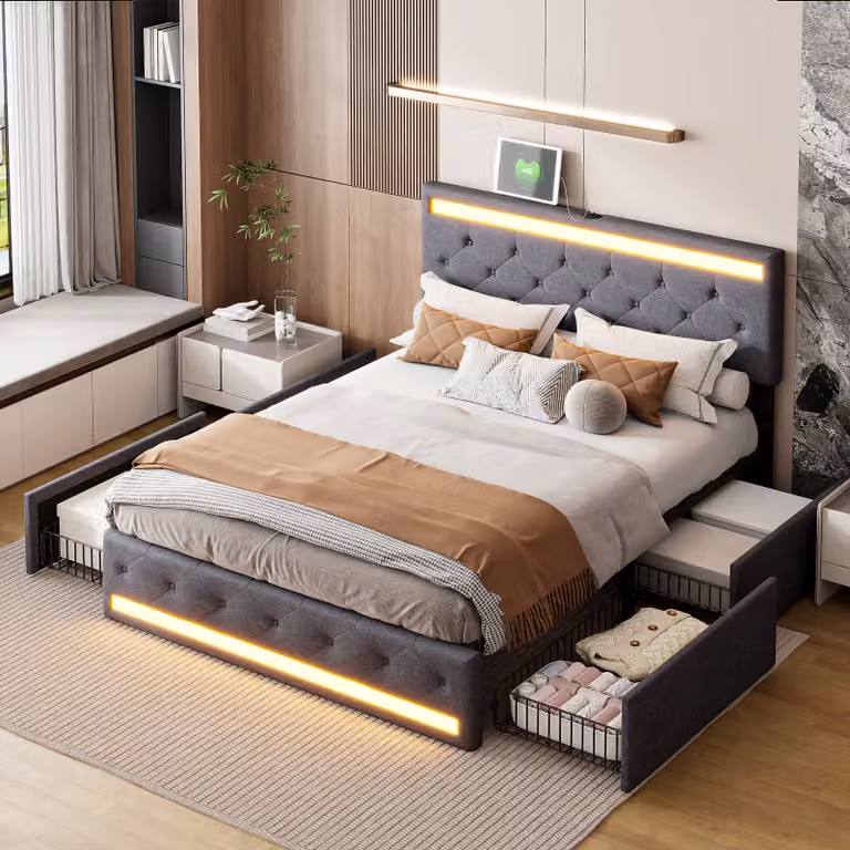 Letto imbottito 160x200cm con LED/USB e testata regolabile in altezza, letto matrimoniale con rete a doghe e 4 cassetti, letto contenitore per biancheria, grigio