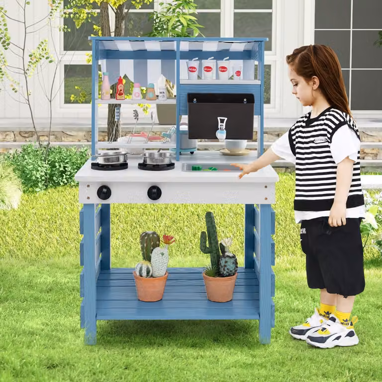 Set cucina giocattolo in legno Costway a doppia faccia con lavandino e vaschetta per l'acqua, Blu e Bianco per bambini dai 3 anni in su