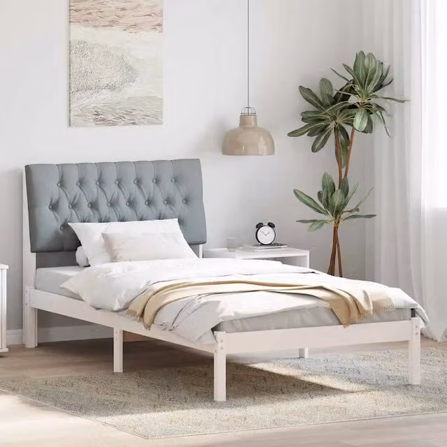 Letto moderno vidaXL con testiera rivestita in tessuto e struttura in legno, Bianco, L/P/H: 100 x 200 cm – 1