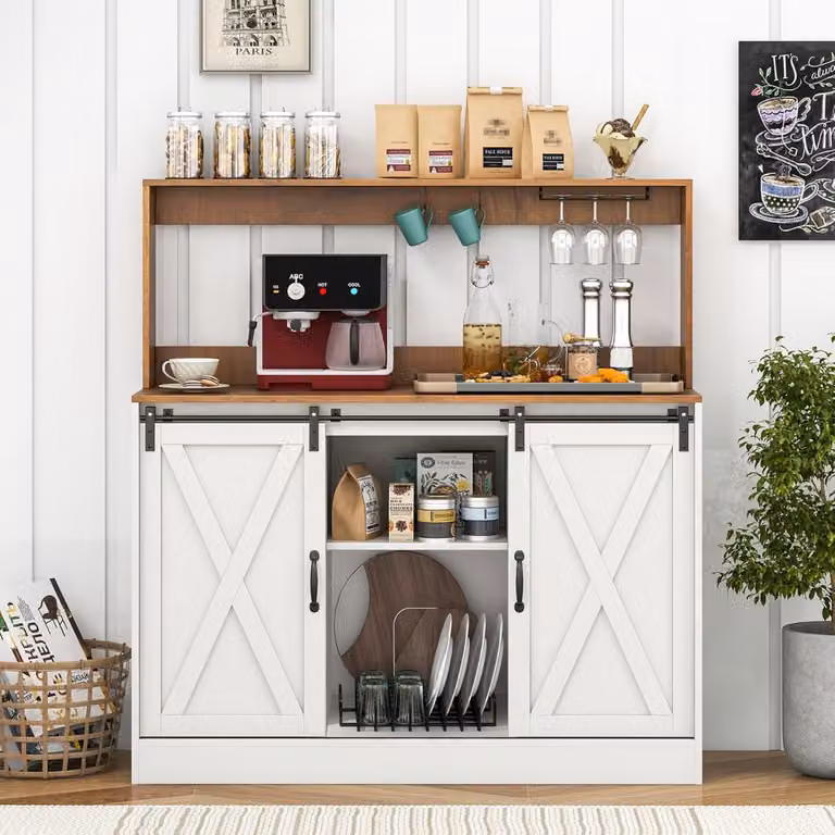 Costway Mobile da bar con stazione di ricarica e portabottiglie rimovibile in stile country in Bianco e Noce