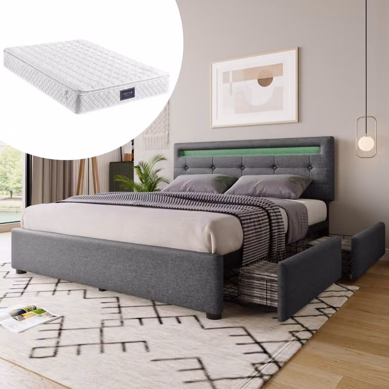 MODFU, letto imbottito 140 x 200 cm, struttura per letto matrimoniale con illuminazione LED e 2 cassetti (con materasso incluso), colore grigio