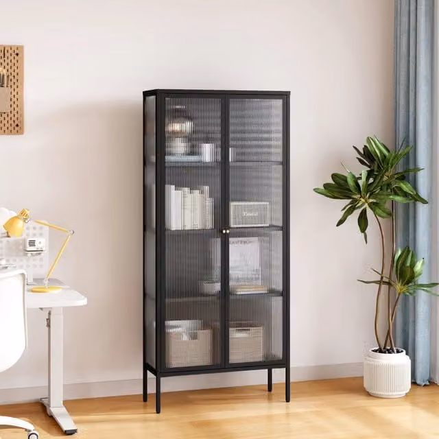Mobile Vetrina Vinterhavn en.casa con Ante in Vetro e Ripiani, Nero, L: 180 cm, H: 80 cm, P: 35 cm