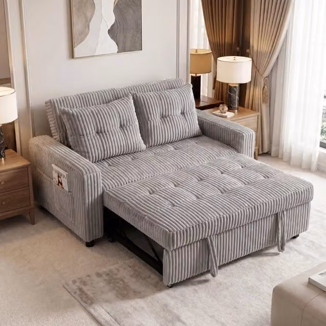 Divano letto MIVRAY a 2 posti in velluto a coste grigio, con schienale regolabile e funzione letto estraibile, ideale per soggiorno o camera da letto, L: 126 cm, P: 190 cm, H: 12 cm