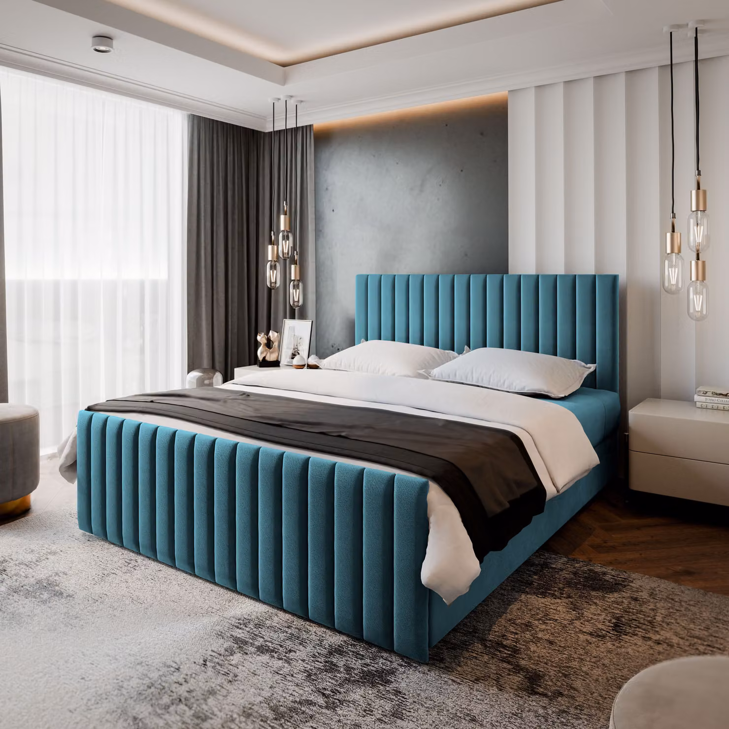 Masseno letto a molle ARION 180x200 cm completo di materasso e topper Bonell, letto imbottito con cassettiera - blu, KRONOS 13