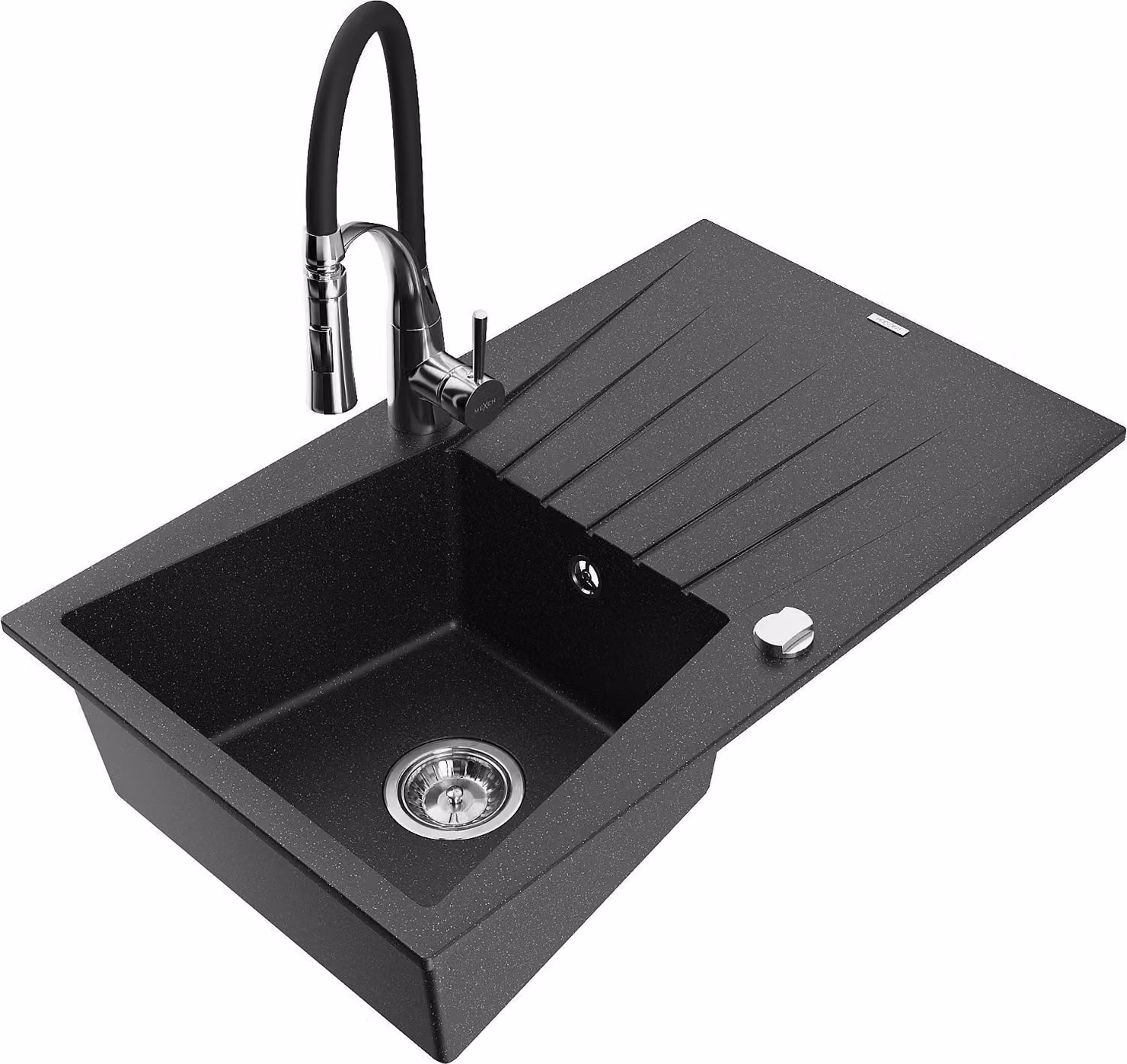 Mexen Cesar lavello in granito a 1 vasca con gocciolatoio e rubinetto da cucina Aster, nero/argento metallizzato