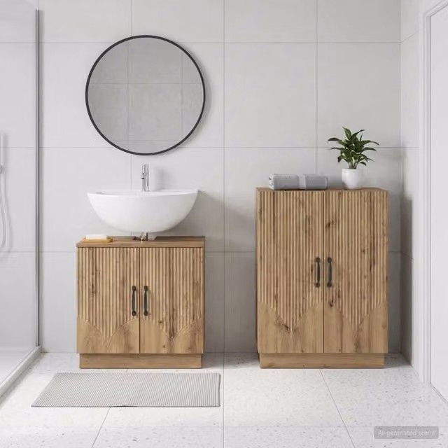 Set di mobili da bagno vidaXL composto da mobile lavabo e mobile contenitore in legno rovere marrone opaco, design moderno e freestanding