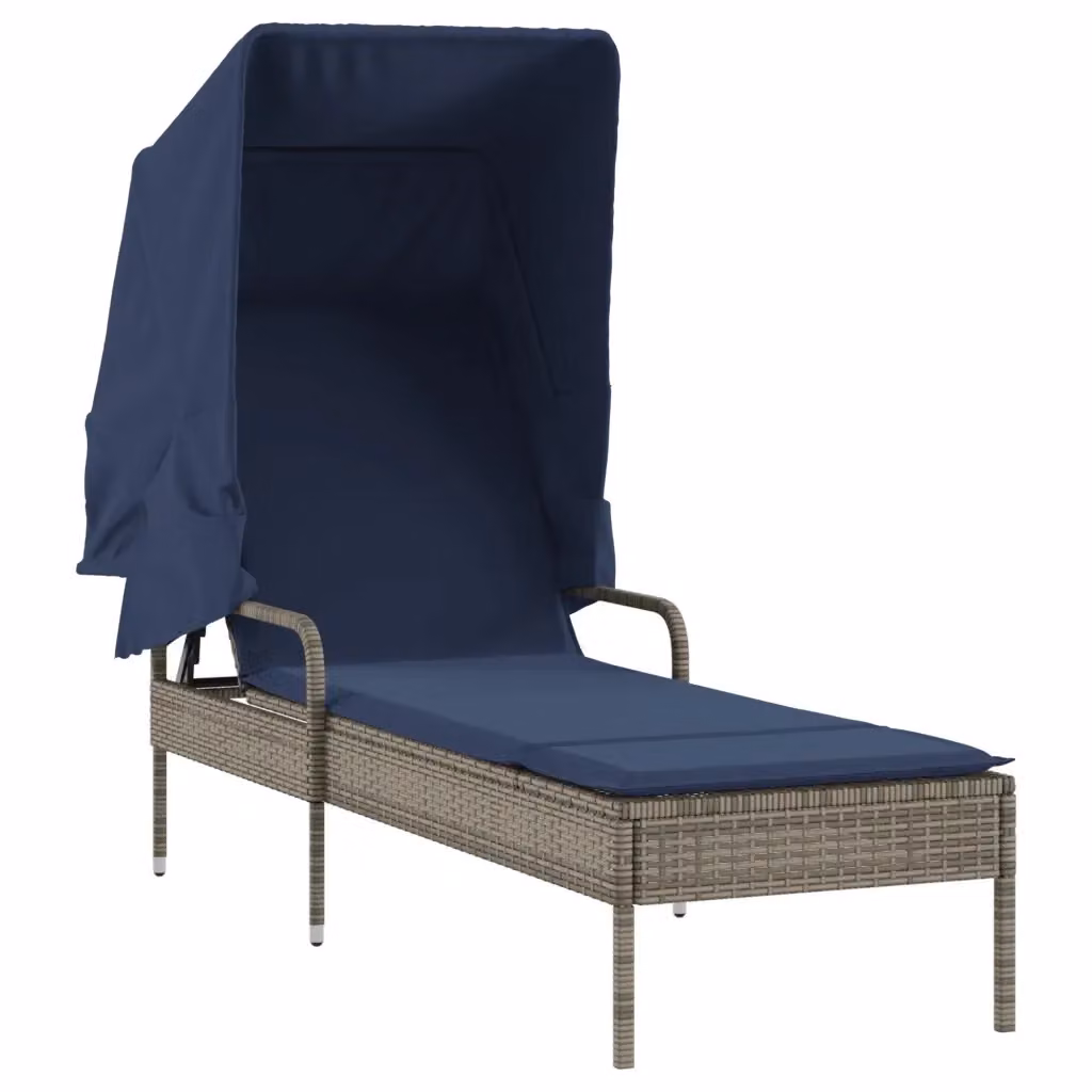 Lettino prendisole con baldacchino vidaXL in Polyrattan Grigio e Blu con poggiatesta regolabile e tessuto resistente ai raggi UV – 2