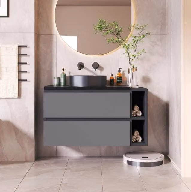Mobile bagno sospeso 80 cm con lavabo in ceramica; cassetti e piano in marmo MDF nero e grigio