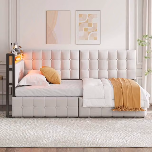 Divano letto singolo moderno in tessuto beige con 2 cassetti, illuminazione LED, porte di ricarica USB e Type-C, L/P/H: 90 x 200 x 83,5 cm