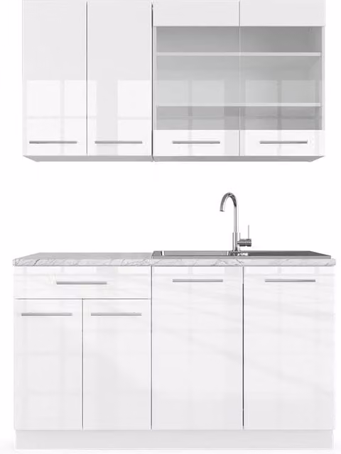 Cucina completa Fame-Line Bianco lucido/Bianco 140 cm, PL Marmo Vicco
