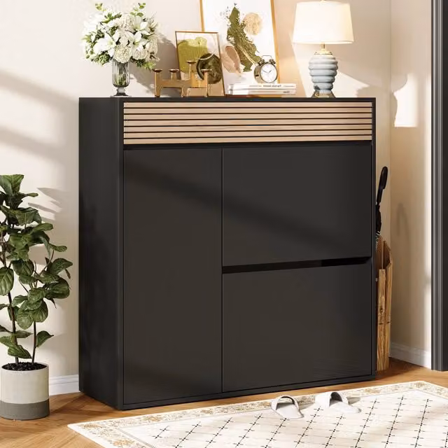 Scarpiera Minimal con ante salvaspazio nero rovere L: 100 cm, P: 35 cm, H: 105 cm