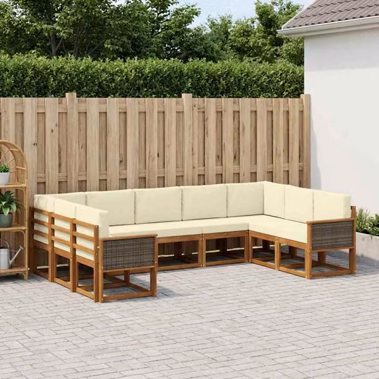 vidaXL Set di divani da esterno a forma di U in legno di acacia, 9 pezzi, Beige e Bianco