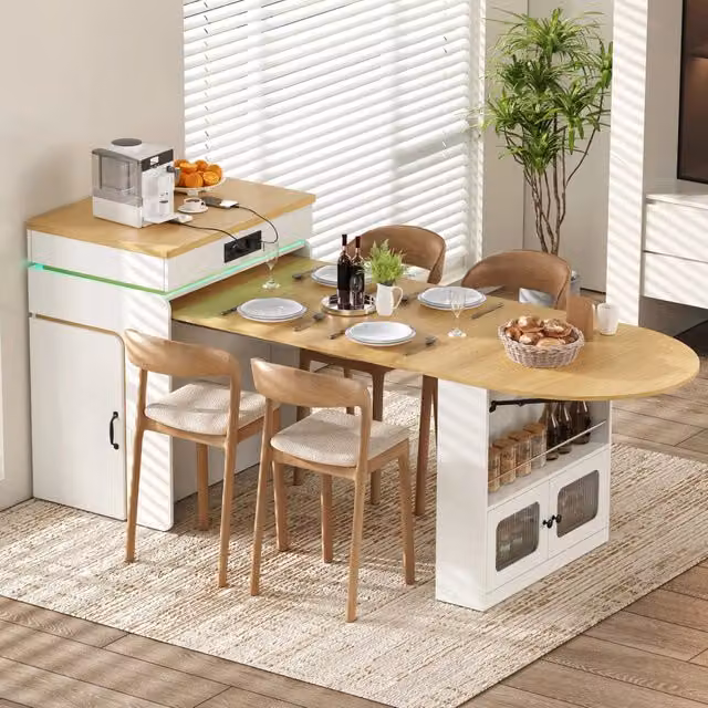 Tavolo da cucina e sala da pranzo allungabile Mivray bianco con ante in vetro, cassetti, illuminazione LED e ricarica USB, L: 55-194 cm, P: 80 cm, H: 95.5 cm