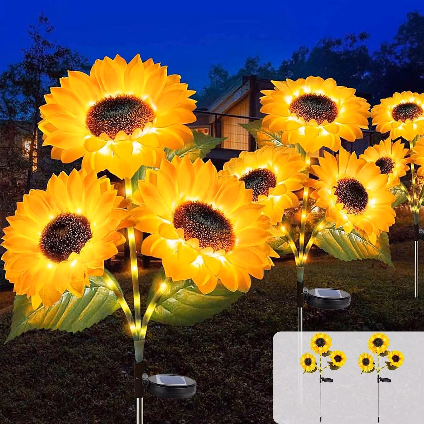 Lampade solari a forma di girasole, set da 2, con 42 LED, 6 fiori, impermeabili