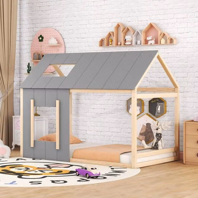 Letto per Bambini a Casetta con Tetto e Finestra ¨C MINIMAL ¨C Legno, 90x200, Grigio/Naturale