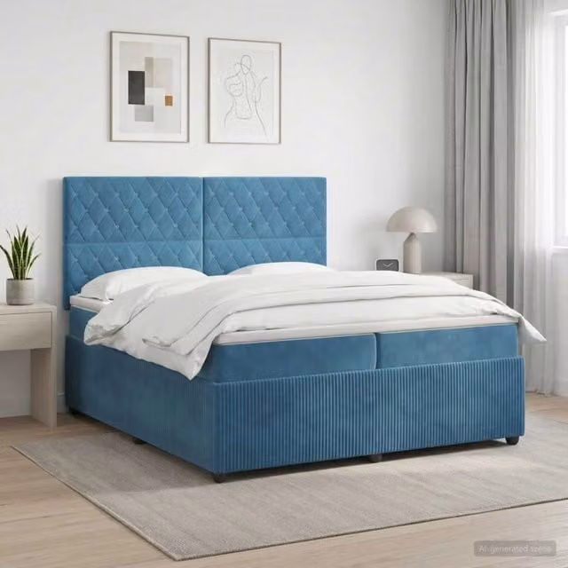 Letto box spring con materasso vidaXL in velluto blu e bianco L/P/H: 200 x 200 x 140 cm – 1