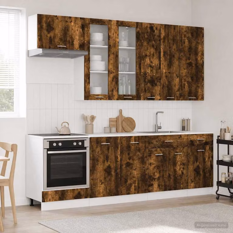Unità cucina moderna vidaXL LYON composta da 8 pezzi in legno ingegnerizzato color rovere fumo con ante in vetro
