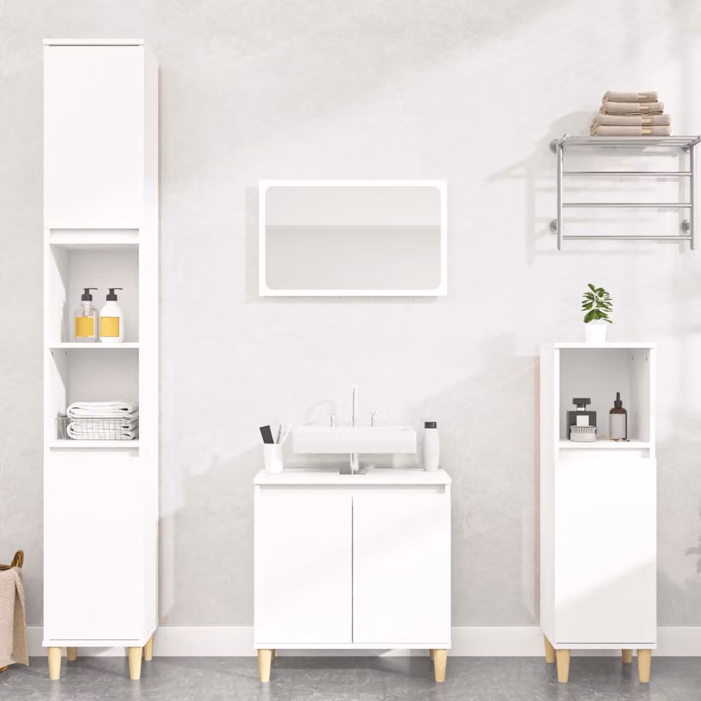 Set di mobili da bagno vidaXL in 3 pezzi bianco moderno in legno e MDF con mobile lavabo e armadietto laterale