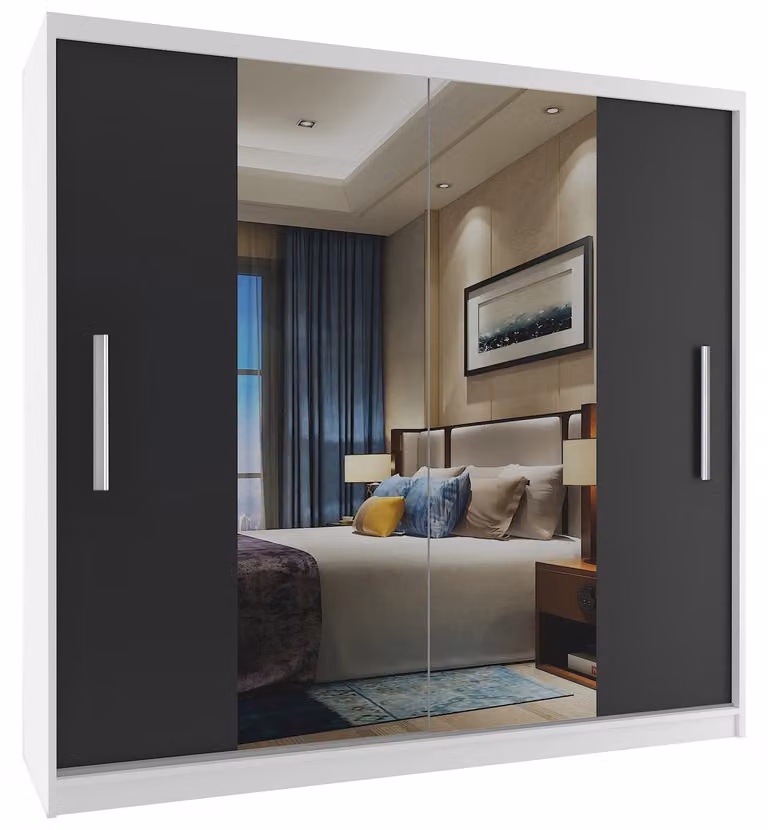 BELINI Verona, armadio scorrevole da 200 cm, bianco/nero opaco - armadio con specchio e appendiabiti, ideale per la camera da letto