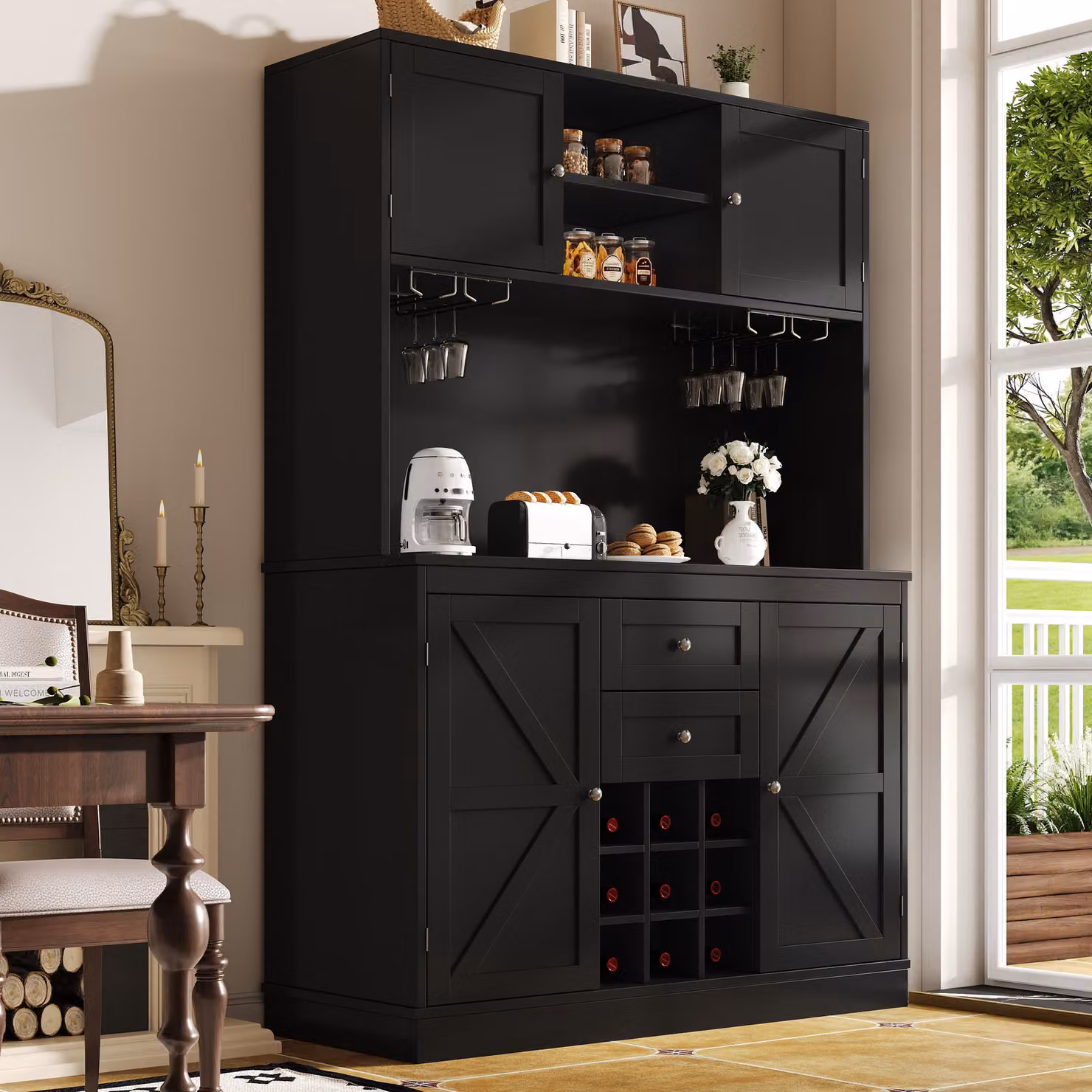 MODFU, armadio alto con 4 ante e 2 cassetti, mobile contenitore con buffet da cucina e scaffali, inclusa una cantinetta per vino, colore nero
