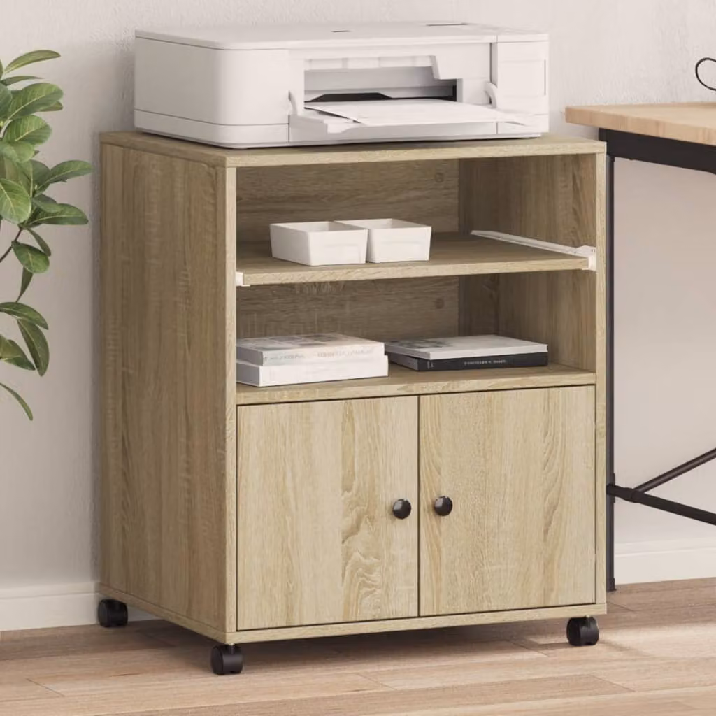 vidaXL Supporto per Stampante con Ruote in Legno MDF Colore Marrone L: 60 cm, P: 48 cm, H: 74 cm