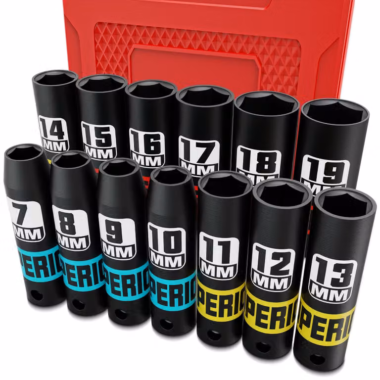 Set di bussole per avvitatore a percussione da 3/8 di pollice, da 7 a 19 mm, composto da 12 pezzi, con custodia per il trasporto, ideale per l'uso in ambito automobilistico