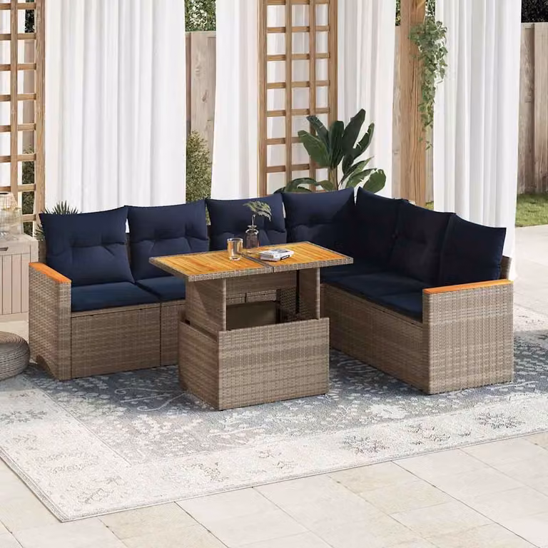 Set di divani da giardino vidaXL in polyrattan e legno di acacia oliato con cuscini grigi e blu, 7 pezzi