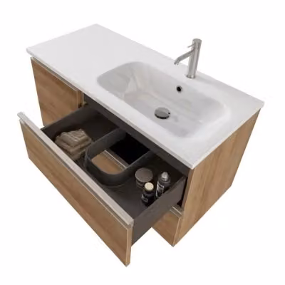 Mobile bagno sospeso Master INBAGNO rovere miele con lavabo a destra, cassetti, anta e specchio con illuminazione LED, L: 100 cm – 2