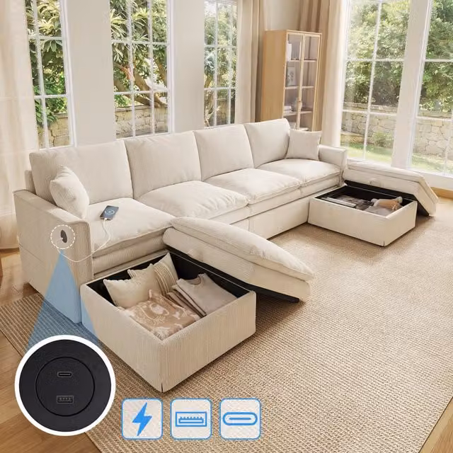 Divano modulare 6 posti a U o L con 2 pouf contenitore e ricarica USB/Type-C; beige 277x135 cm