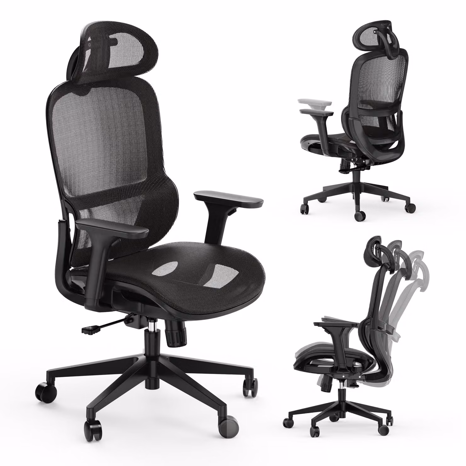 SENSE7 Neyo Sedia da ufficio ergonomica Sedia da scrivania Nera Interamente in rete Braccioli 3D Poggiatesta Meccanismo sincronizzato Ufficio domestico Poltrona direzionale 140 kg