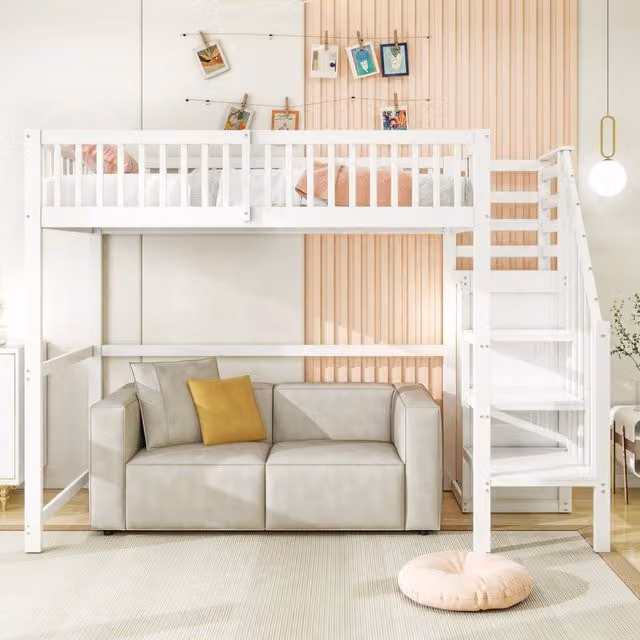 Letto a soppalco 90x200 in legno bianco con scale e armadio integrato